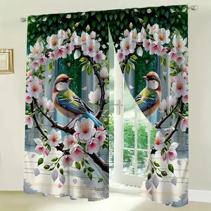 Bird & Flower Print Door Curtain, 2 Counts/set Semi Blackout Curtain, Window Curtain, Home Decoration Curtain for Home Living Room Bedroom Kitchen Office Decor