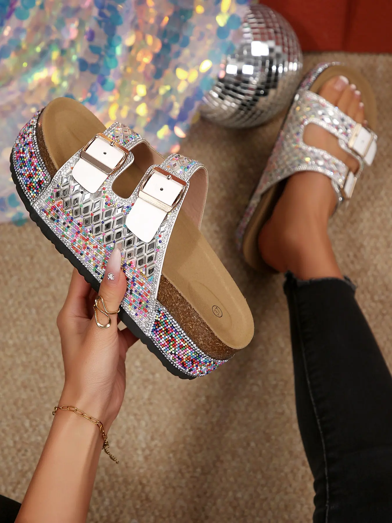 Summer women's ethnic style retro rhinestone sandals, personalized shiny double straps with exposed toes thick soled slippers, comfortable and elegant beach high-heeled sandals, daily trendy wear, Embellished Sandals, Glitter Decorated Sandals