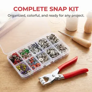 Snap Button Repair Kit with Pliers, 200PCS Metal Snap Fasteners Set for Clothing, DIY Sewing & Craft Projects, No-Sew Press Stud Kit with Organizer Box, 10 Color Snaps for Jackets, Baby Clothes, Bags & Denim
