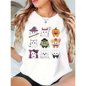 Women's Halloween Cute Cartoon Teeth T-Shirt, Funny Witch Demon Pumpkin Vampire Clown Ghost Dental Graphic Tee for Halloween Party & Casual Daily Wear 100% Cotton T-shirt