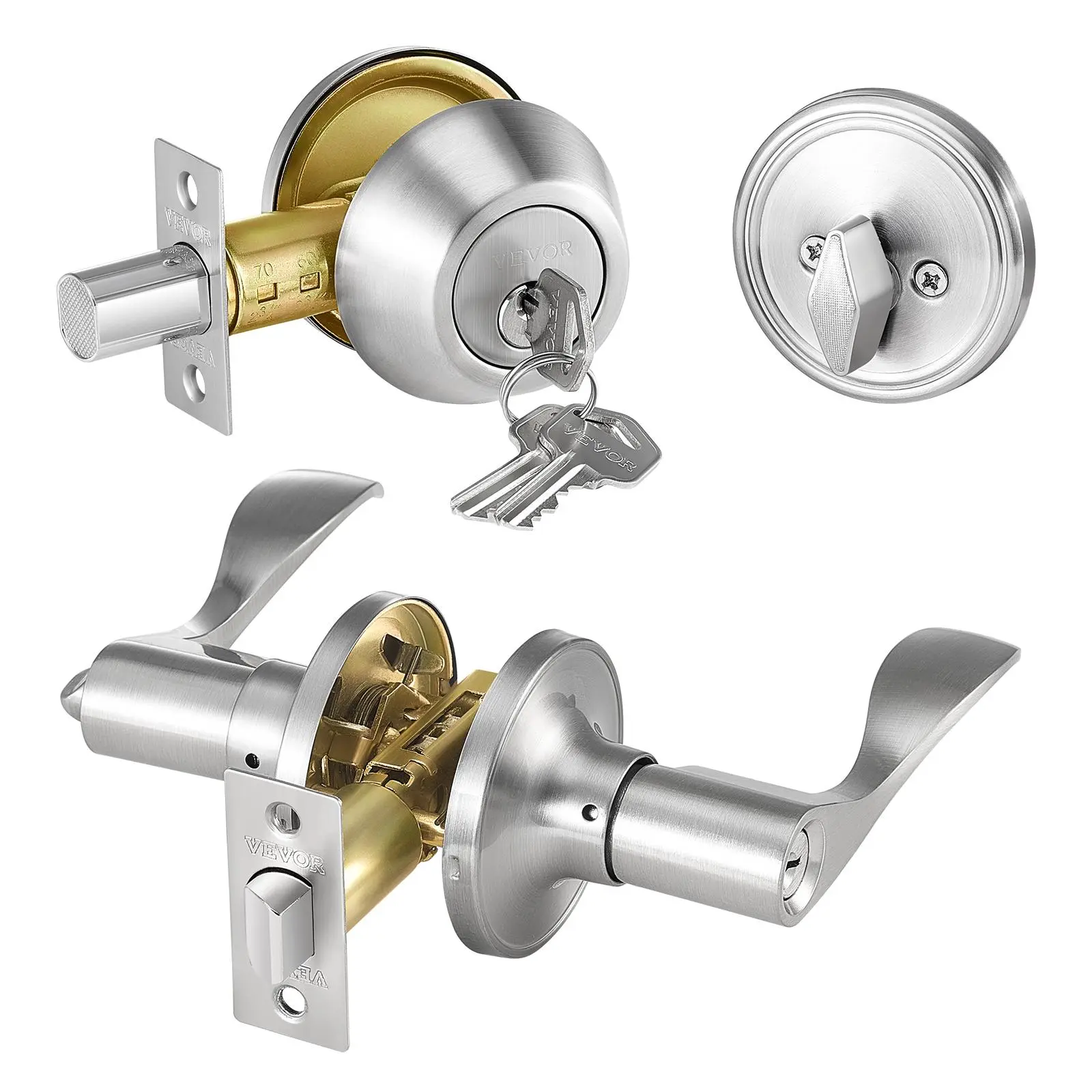 【Summerfinds】VEVOR Entry Door Locksets with Deadbolt 5 Pack Satin Nickel Entry Lever and Single Cylinder DeadboltKeyed Alike Combo PackFit for 1-3/8" to 1-3/4" Door Thicknessfor Entrance and Front Door
