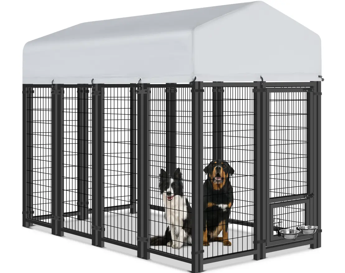 ORANLAND 7.8x4x6FT Heavy Duty Outdoor Escape Proof Steel Frame Dog Kennel Enclosure - Secure Welded Steel, Lock, Waterproof Roof, 2 Rotating Bowls, Escape Proof Kennel