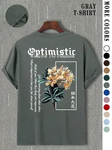 Unisex Wilted Floral & Letter Print Round Neck Tee, Regular Fit Casual Street Style Half Sleeve T-shirt, Casual Streetwear Tops, Men's Summer Clothes