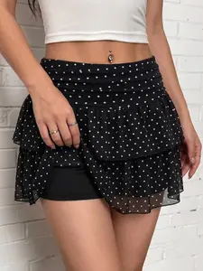 Women’s Layered Ruffle Skort Polka Dot Print High Waist with Ruched Waistband and Built In Shorts Casual Skirt Activity Wear