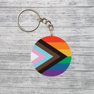Progress Pride Flag Keychain – LGBTQ+ Rainbow Round Keychain – Inclusive Pride Accessory