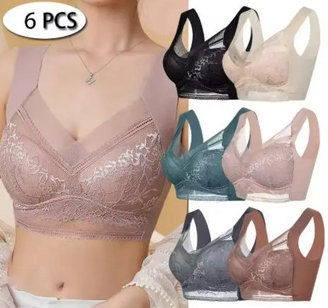 Women's 6-Pack Seamless Bralettes, Wirefree Back Smoothing Pullover with Lace Trim, Breathable Stretch Nylon, Fixed Straps, Strap, Basic