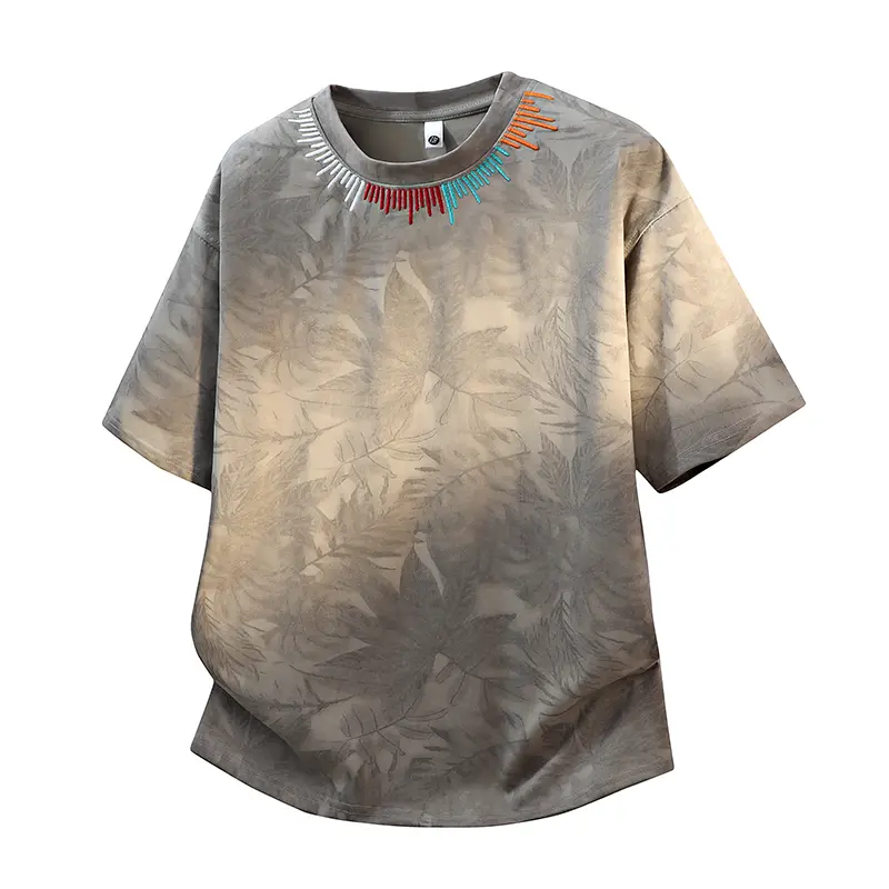 Retro Casual Men’s American-Style Embroidered Short-Sleeve T-Shirt, Ice Silk Breathable Fabric,  Versatile Loose Fit for Summer,Contrast Trim Neckline + Hidden Texture Print, Elbow-Length Sleeves # Summervibes