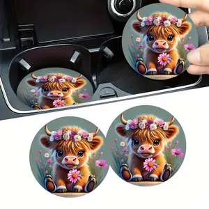 2pcs Cute Cow & Floral Car Coasters, Car Interior Accessory - 2.75" Non-Slip EVA Drink Mats for Cup Holders, Keeps Vehicle Clean & Dry - Ideal Gift for Men & Women