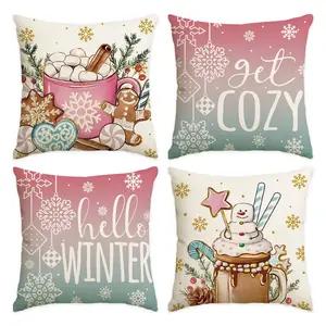 4pcs Christmas Pillowcase, Warm Winter Theme Pillow Cover for Hot Drinks and Desserts, Cotton Candy Gingerbread Man Winter Plant Single sided Printed Sofa Cushion Cover, Home Sofa Decoration, Christmas Decorations (without Pillow Core)