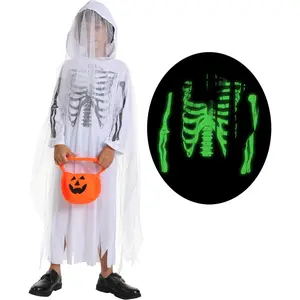 Leadtex Kids White Sheet Ghost Costume,Glowing in the Dark Skeleton Ghost Hooded Robe,Spooky Halloween Cosplay Costume. Glow in the Dark Grim Reaper Costume