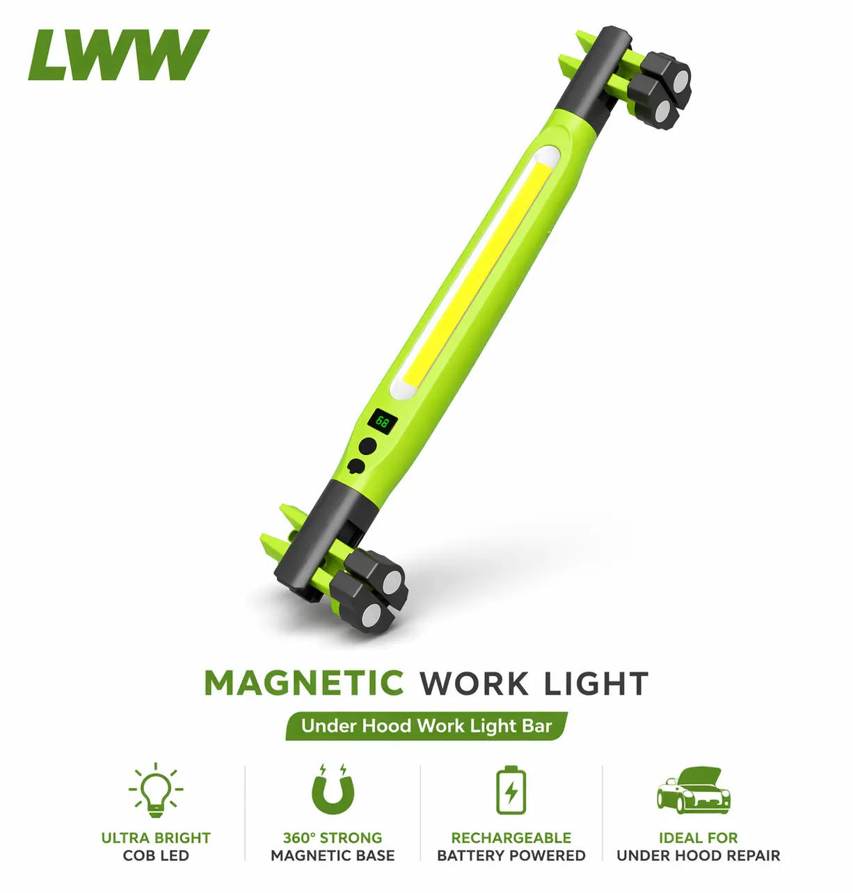 LWW 2026 Upgraded Rechargeable Magnetic COB LED Work Light Bar with Magnetic Base, Hooks & USB Power Bank - Work Accessories for Car Repair, Garage Use