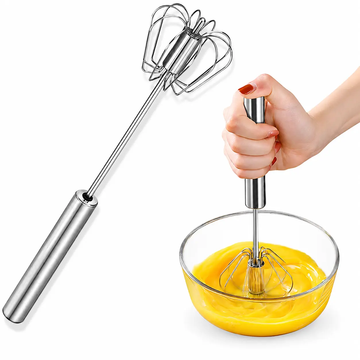 Stainless Steel Push Action Rotary Whisk, Manual Hand Mixer for Eggs, Batter, Cooking and Baking, Dishwasher Safe Kitchen Tool