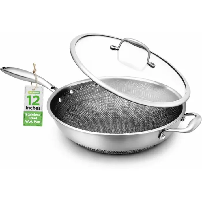 12 Inch Stainless Steel Wok with Lid | Triply Non-Stick Stir Fry Pan with Glass Lid - Quick Heat, Oven Safe Upto 500°F, Scratch-Resistant & Dishwasher Safe Cooking Wok - Heavy Duty Kitchen Cookware