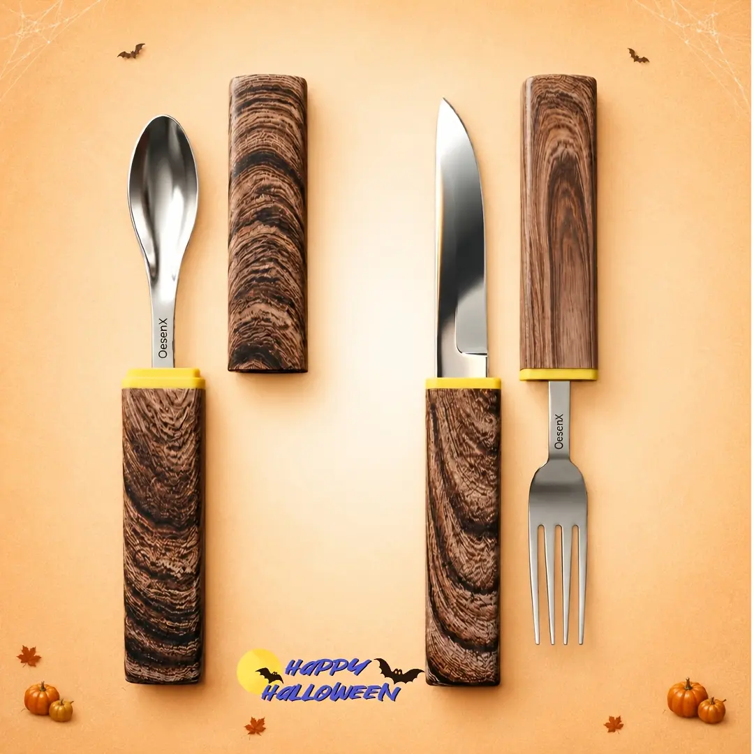 Portable Travel Flatware Set with multifunctional Knife Fork and Spoon with case, mirror-polished Cutlery with Wood-Grain Plastic Handles, Compact Utensils for Camping, Picnic, Office Lunch and Outdoor Dining, Perfect For Wilderness Survival