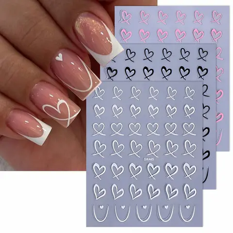 3 Pcs Heart Valentine Nail Art Stickers, lack White Pink Heart Simple Romantic Design Self-Adhesive Nail Decals, Women's Beauty Nail Decoration, Nail Art Diy, Wedding Nails, Decals For Nails, Nail Art Sheet, Valentines Nail Stickers