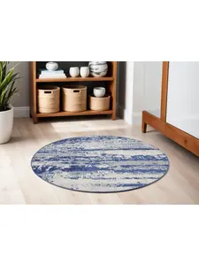 212 MAIN 5 ft. Modern Abstract Round Area Rug - Ivory & Navy Blue Print, Stain Resistant Indoor Circle/Ring-Shaped Rug for Living Room Decor, Stain Resistant Rug