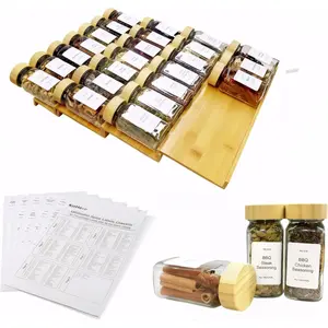 Spice Drawer Organizer with 24 Bamboo-lidded Jars 216 Labels Non-slip Rubber 4 Tier Rack for Kitchen Drawers 13" Wide 15.8" Deep