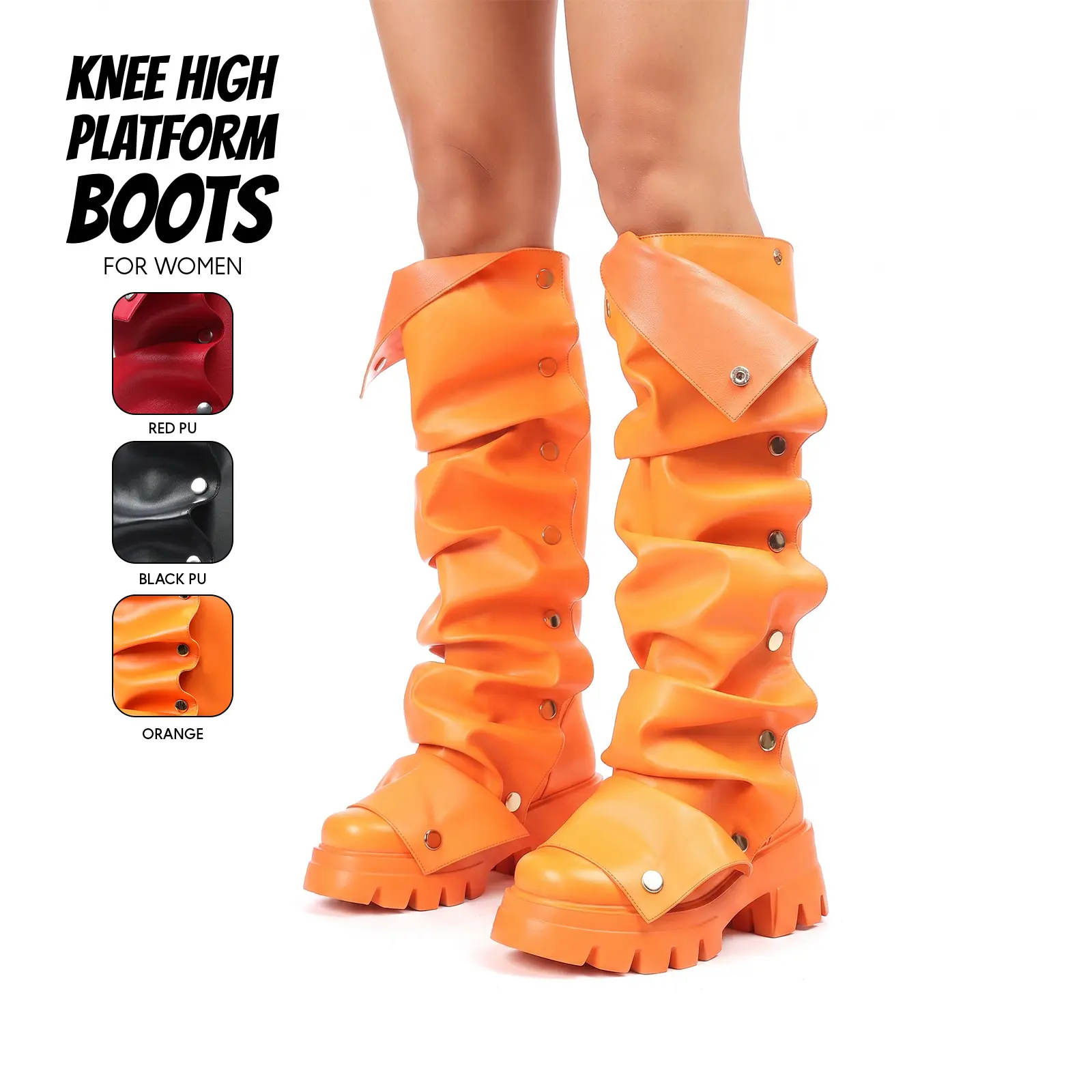 Knee High Platform Boots For Women Round Toe Chunky Block Heel Fold Over Boots Detachable Snap Off Design Wide Calf Tall Boots Combat Style Fashion Shoes Party Work Casual Girl Fashion Boots