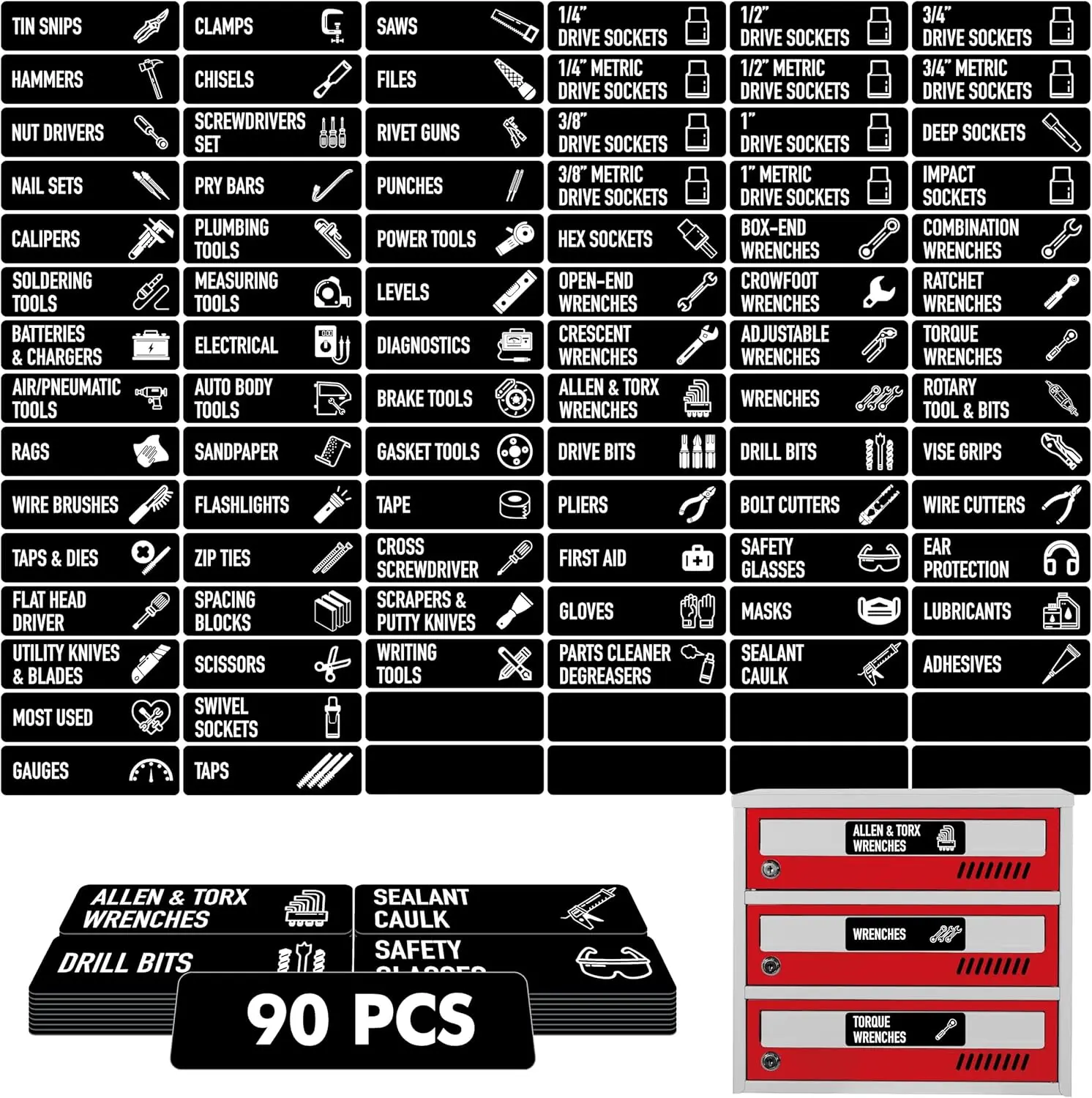 Magnetic Toolbox Organization Labels - 90 Large 3.5x1.0 in Black Labels, Strong Magnets, Fits All Steel Tool Chest Drawer Brands, Ideal for Classroom & Office Use