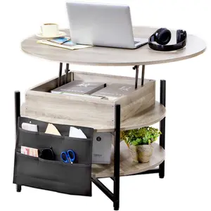 【Father's Day】VEVOR Lift Top Coffee Table, 35.3 in Round Coffee Table with Extra Storage Pockets, Pop Up Coffee Table for Living Room, White