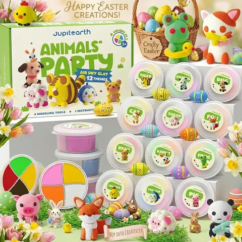 12-Pack Ultra Soft Animal Modeling Clay Art Crafting Kit - Easy to Shape Kids' STEM Supplies with Handcraft Tools, Coloring Book, Markers, Easter Basket Stuffer, Birthday Gift (Art Supplies Kit, 12-Pack Creativity)