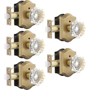 Interior Door Locksets in Antique Brass,Octagonal Crystal Doorknobs for Bed/Bath,Privacy Function Door Handles,Push Pin Inside Lock,5 Pack