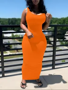 Summer Sleeveless Round Neck Slim-Fit Bodycon Long Dress, Casual Solid Plain Surface Unlined, Perfect for Warm Weather Fashion