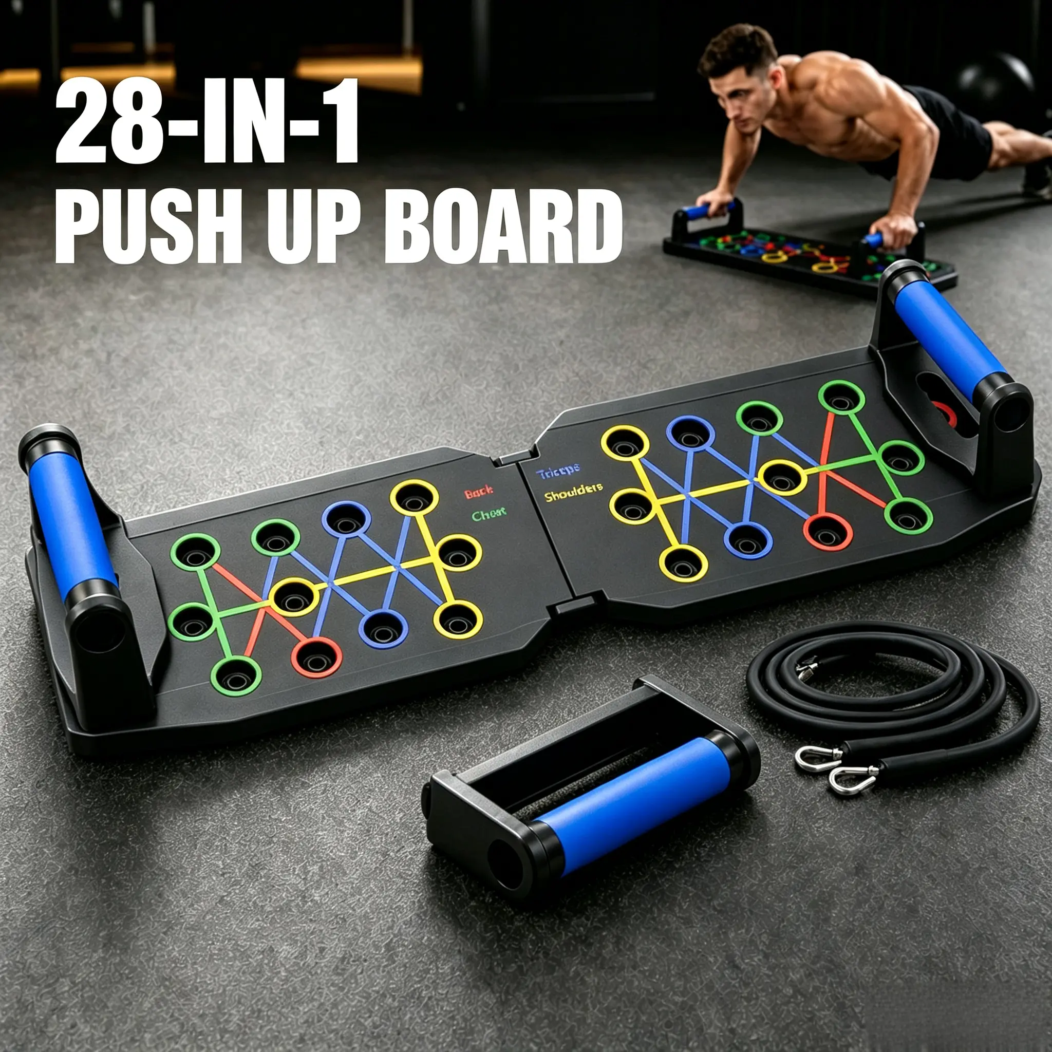 28-in-1 Foldable Push Up Board Gym Equipment, Color-Coded Muscle Exerciser with Resistance Bands & Handle Grips, Strength Training Accessory for Home Workouts (1 Pack) Home Gym Station Home Gym System