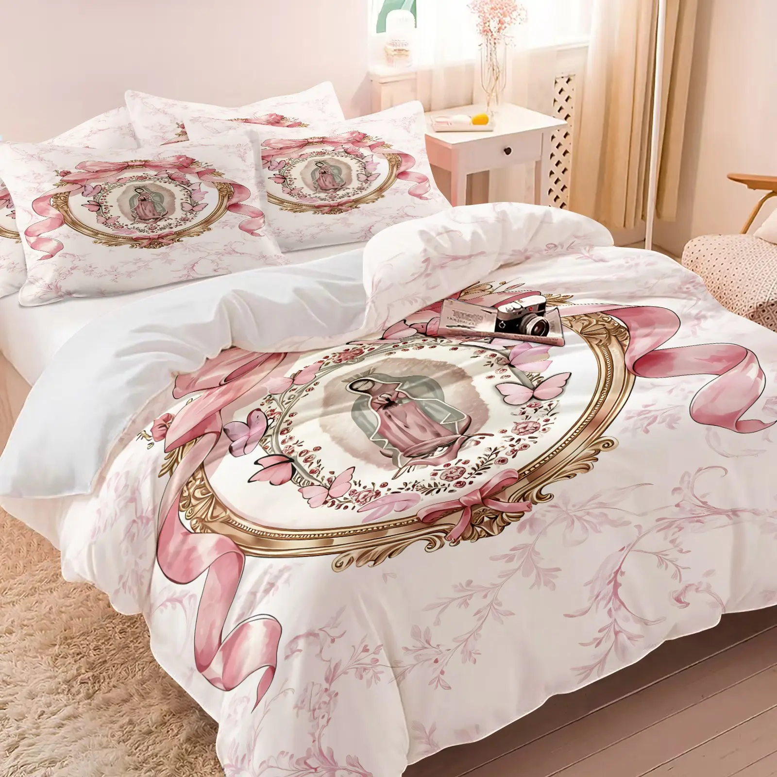 Coquette Aesthetic Pink Guadalupe Virgin Mary Duvet Cover Set, Theme Bedding Set, 1 Duvet Cover + 1/2 Pillowcases, No Core, Cozy Breathable Skin-Friendly Floral Bedding, All Season Devotional & Cute Bedroom Decoration, Decorative Bedding Set