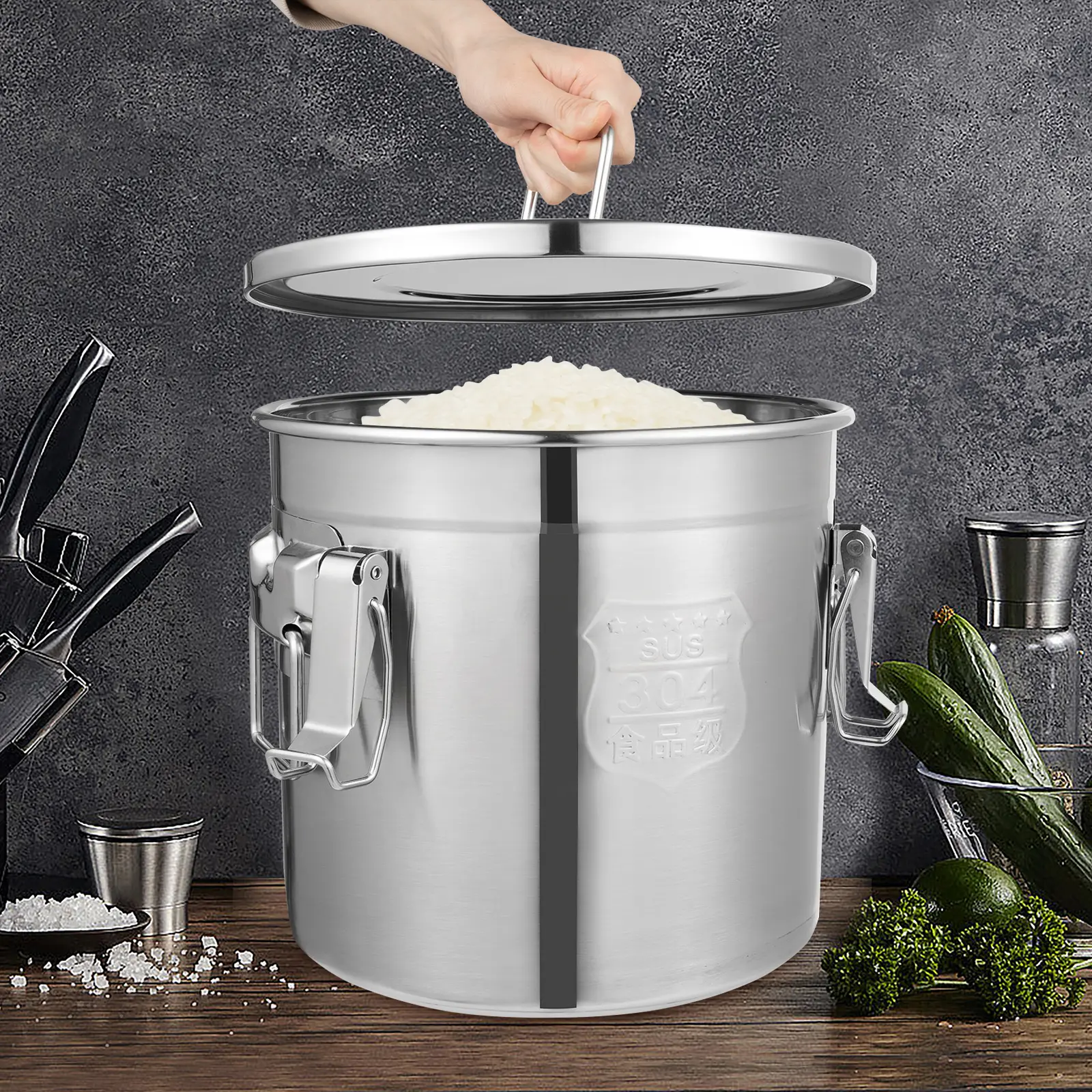 CNCEST 12L Stainless Steel Airtight Food Container, Rice Bucket with Secure Lid, Kitchen Grain Cereal Storage Canister for Efficient Storage