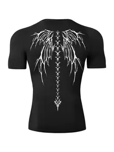 Sporty Men's Wing Print Round Neck Tight-fitting Sports Tee, Quick Drying Breathable Crew Neck Short Sleeve Sport T-shirt for Summer, Athletic T Shirt, Activewear T Shirt