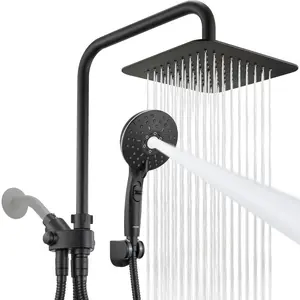Dual Shower Head Combo, 8'' High Pressure Rain Shower Head with Handheld Spray, 6+1 Spray Settings Handheld Showerhead, Height Adjustable, One-touch Pause Button, Matte Black