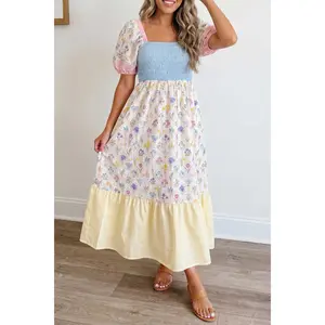 Multicolour Floral Print Striped Color Block Patchwork Square Neck Shirred Long Dress