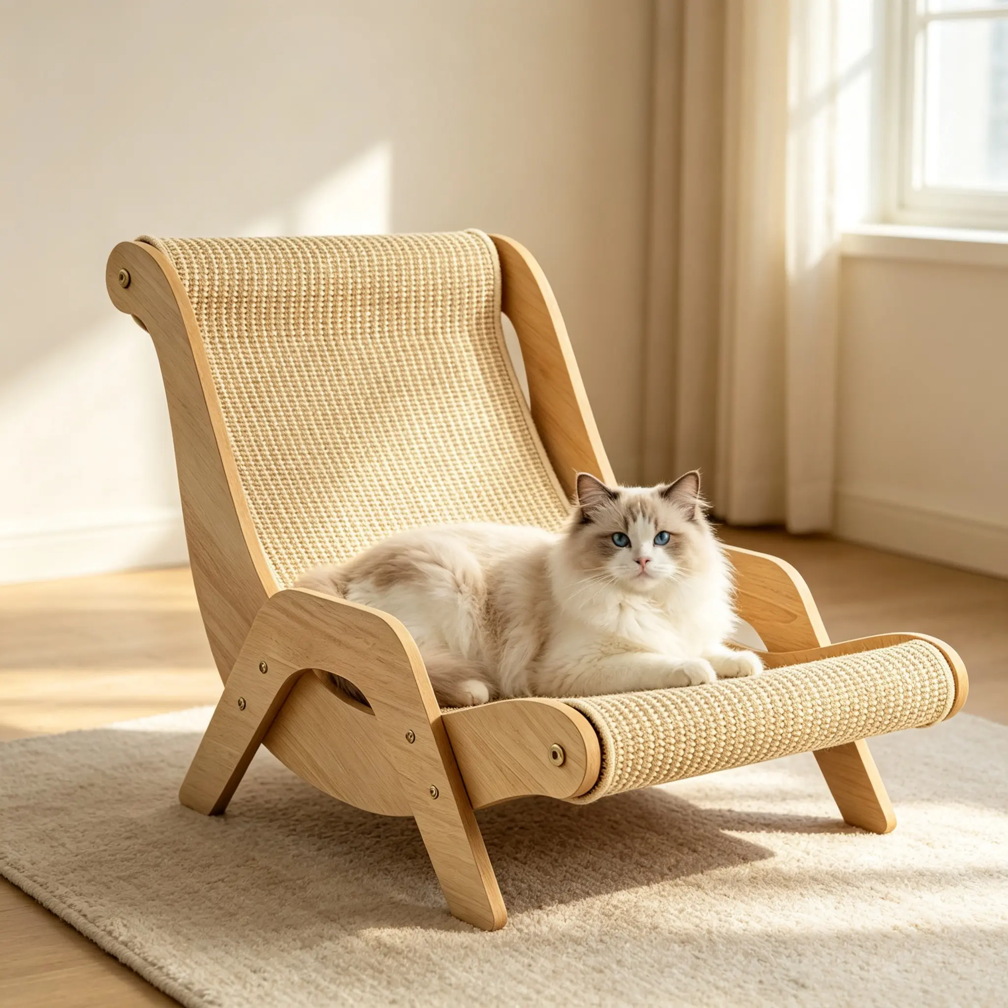 Wooden Cat Scratcher Lounge Chair, 2‑in‑1 Natural Sisal Cat Bed for Indoor Cats, Sturdy Solid Wood Frame Cat Scratching Board, Furniture‑Saving Cat Recliner for Resting, Scratching & Claw Care