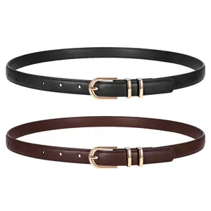 JASGOOD 2 Pack Women Skinny Leather Belts for Jeans Pants Thin Faux Leather Belt with Gold Buckle