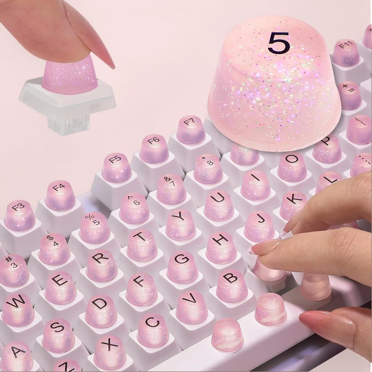P-X 128 Pcs Residue-Free Silicone Metallic Glitter Keyboard Stickers for Long Nails - Upgraded Adhesive, Bubble-Free Typing, 104 Letter/Number Keys, 7 Versatile Blank Stickers, Bling Effect, Full Set for Office Use, Ideal Gift for Girls, Daily Computer Us