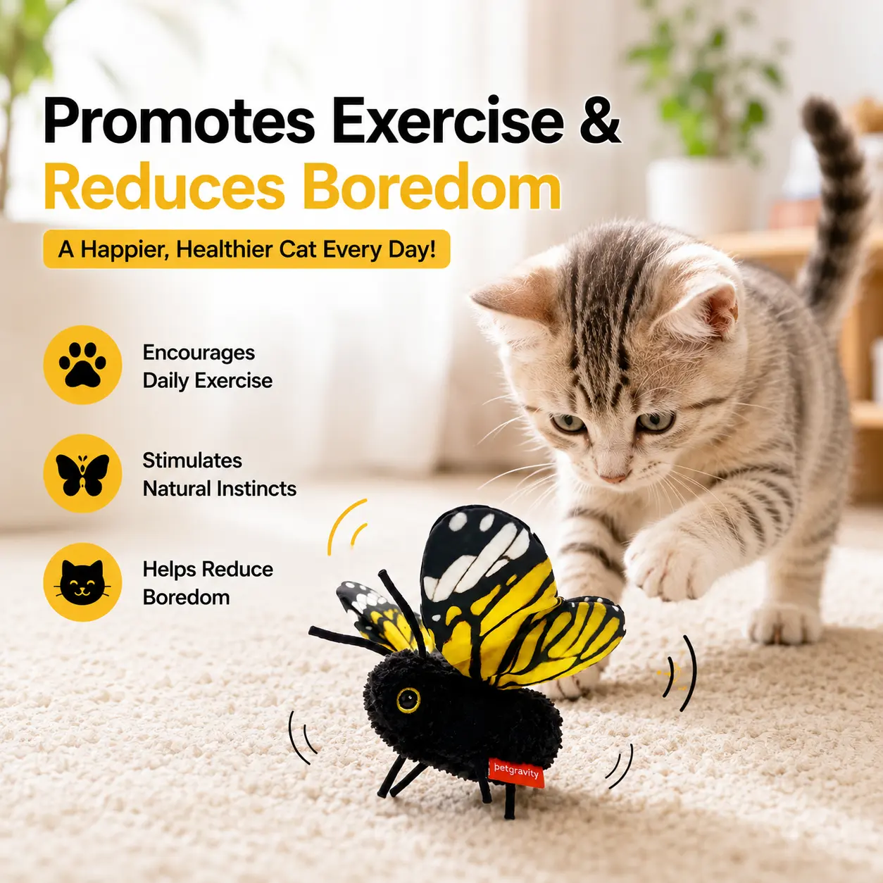 Interactive Electric Butterfly & Bluebird Cat Toy, 3 Smart Flying Modes, USB Rechargeable Hanging Teaser Toy with Washable Cover for Indoor Cats