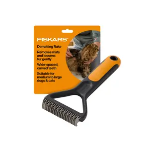 Fiskars Pet Dematting Rake Stainless Steel 2-Sided Design with Curved Teeth for Medium to Large Dogs & Cats SoftGrip Handle Fiskars Pet Dematting Rake Stainless Steel 2-Sided Design with Curved Teeth for Medium to Large Dogs & Cats SoftGrip Handle