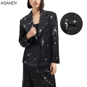 ASANDY Women's Long Sleeve Statement Black Sequin Blazer - Button-Closure, Sparkling Abstract Sequin Applique, All-Seasons Glamorous Suit for Parties, Weddings