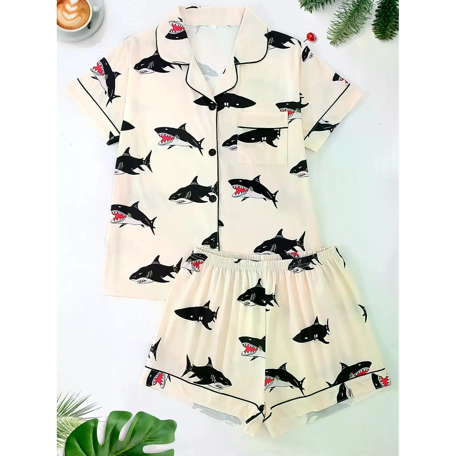 Ocean Animal Shark Print Women's Pajama Set - Collared Short Sleeve Cardigan & Loose Elastic Shorts, All-Season Comfort Sleepwear Loungewear