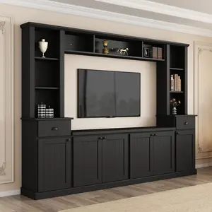 Entertainment Wall Unit Set with Bridge Modern Tv Stand Set, TV Stand with Ample Storage Space, Adjustable Shelves, Modernist Large Media Console TVs Up to 75" for Living Room (Black)