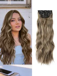 4PCS Clip in Hair Extensions 20 Inch Light Brown Mixed Ash Blonde Long Wavy Soft Synthetic Hair Piece for Women Daily Use