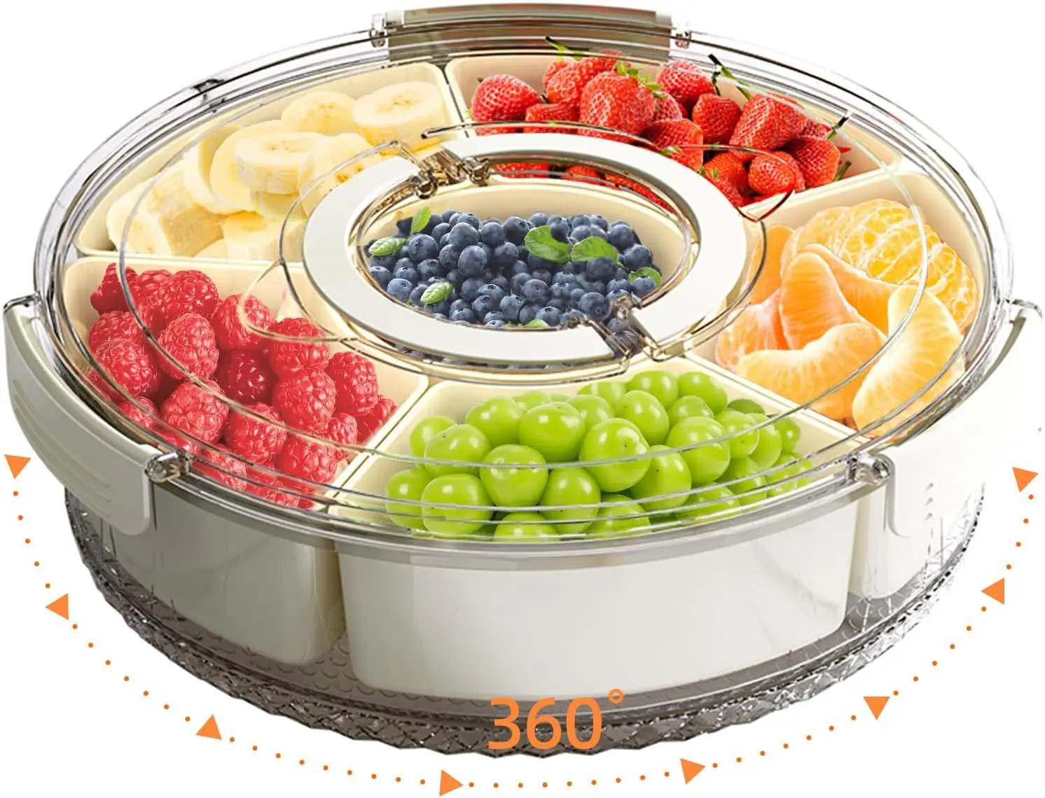 360° Rotating Snack Tray – Multi-Compartment Storage Container with Lid, Stackable Round Plastic Organizer for Nuts, Fruits, Candy & Chips, Kitchen & Fridge Use