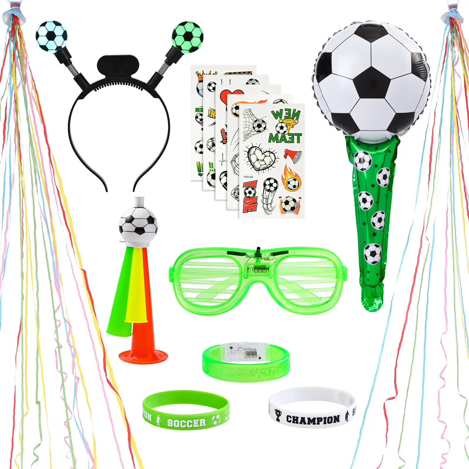 2026 Soccer Game Day Fan Set - Complete Light-Up Cheer Kit with Glow Headband, Cheering Sticks, Sunglasses, Noisemaker Horn, Temporary Tattoos & Silicone Bracelets for Watch Parties