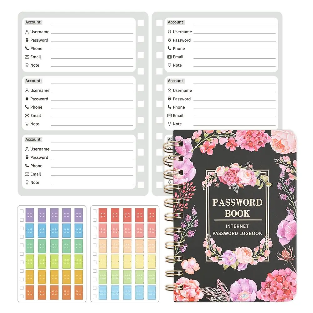 Floral Pattern Password Book, 1 Count Portable Mini Address Book with Colorful Sticker Tabs, Spiral Bound Planner, Organizer Planner for Home Office, Planner Notebook