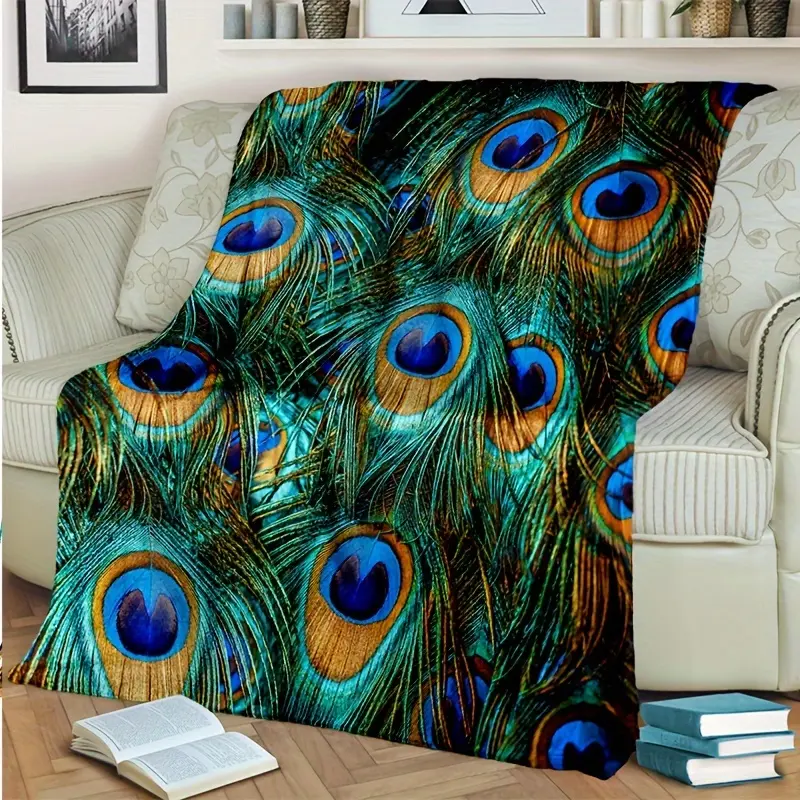 1 Peacock Feather Pattern Flannel Decorative Blanket - All-Season Warmth, Soft Texture, Comfortable Travel Companion