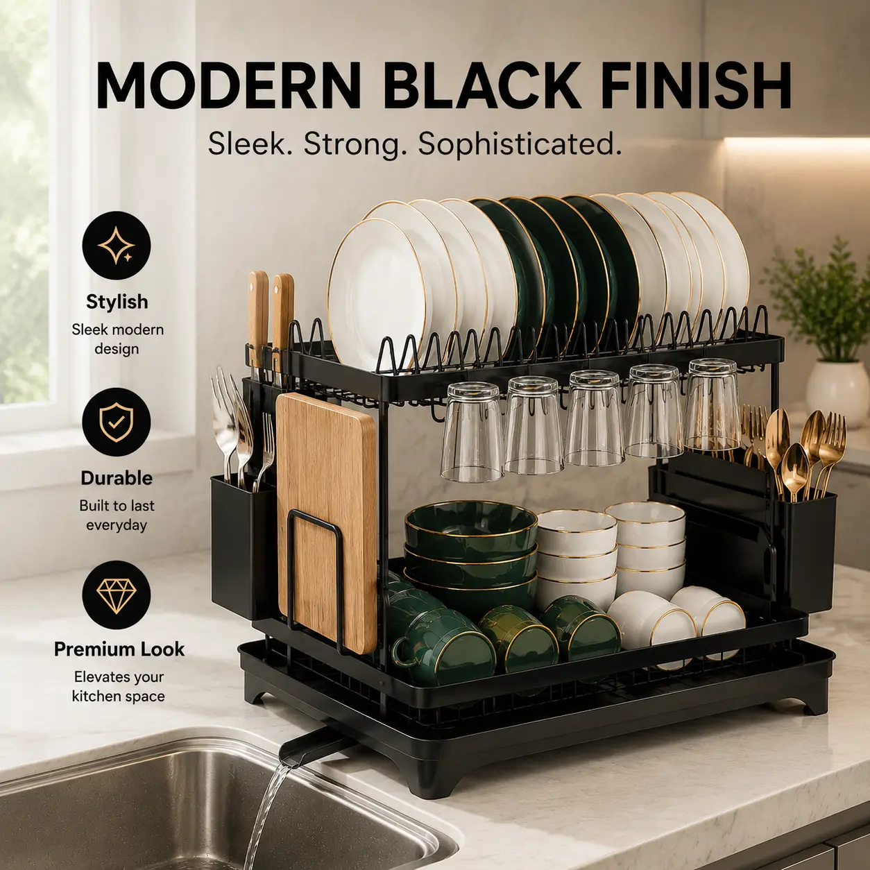 2026 New Model 2-Tier Carbon Steel Dish Drying Rack with Drain Board, Stainless Kitchenware Holder, Large-Capacity Countertop Organiser, Space-Saving Home Kitchen Storage Solution