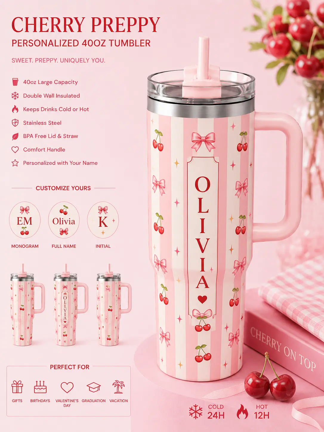 Personalized Cherry 40oz Tumbler with Handle, Custom Monogram Name Cup, Preppy Coquette Cherry Travel Mug, Gift for Her, Mom, Daughter, Sister, Best Friend