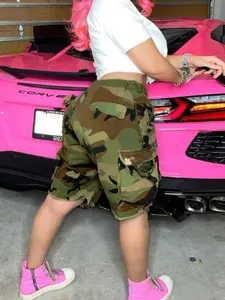 American Vintage Camouflage Workwear High-Waisted Elastic Waist Multi-Pocket Design Loose Fit Slimming Five-Quarter Shorts