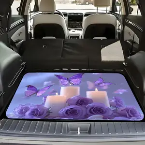 1-Pack Fashionable Car Trunk Mat with Serene Purple Scene Pattern: Lit White Candle, Dark Purple Rose & Vibrant Purple Butterfly - Durable,ps Trunk Dry and Clean, Adds Personal Style to Your Car, Trunk Protector Mat, Car Interior Accessory